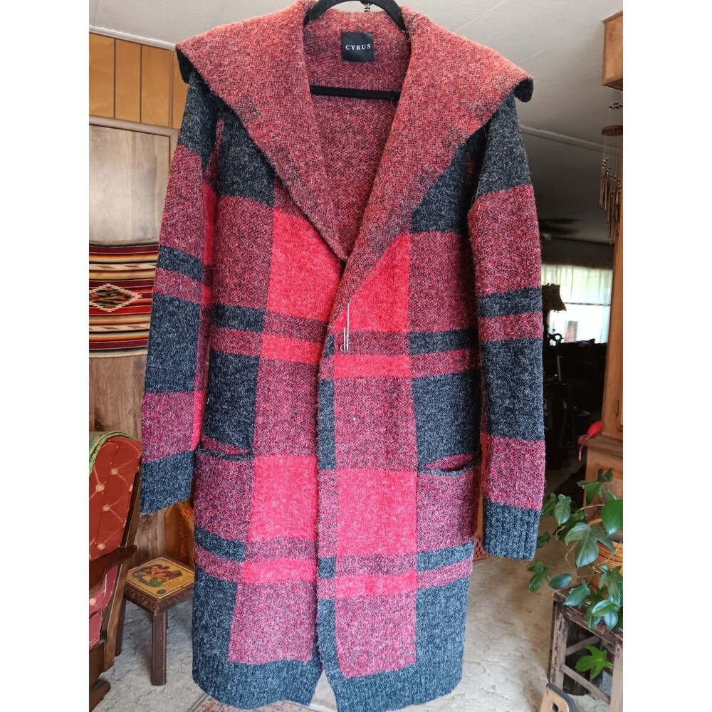 Cyrus Red Black Buffalo Plaid Long Cardigan Sweater Size M